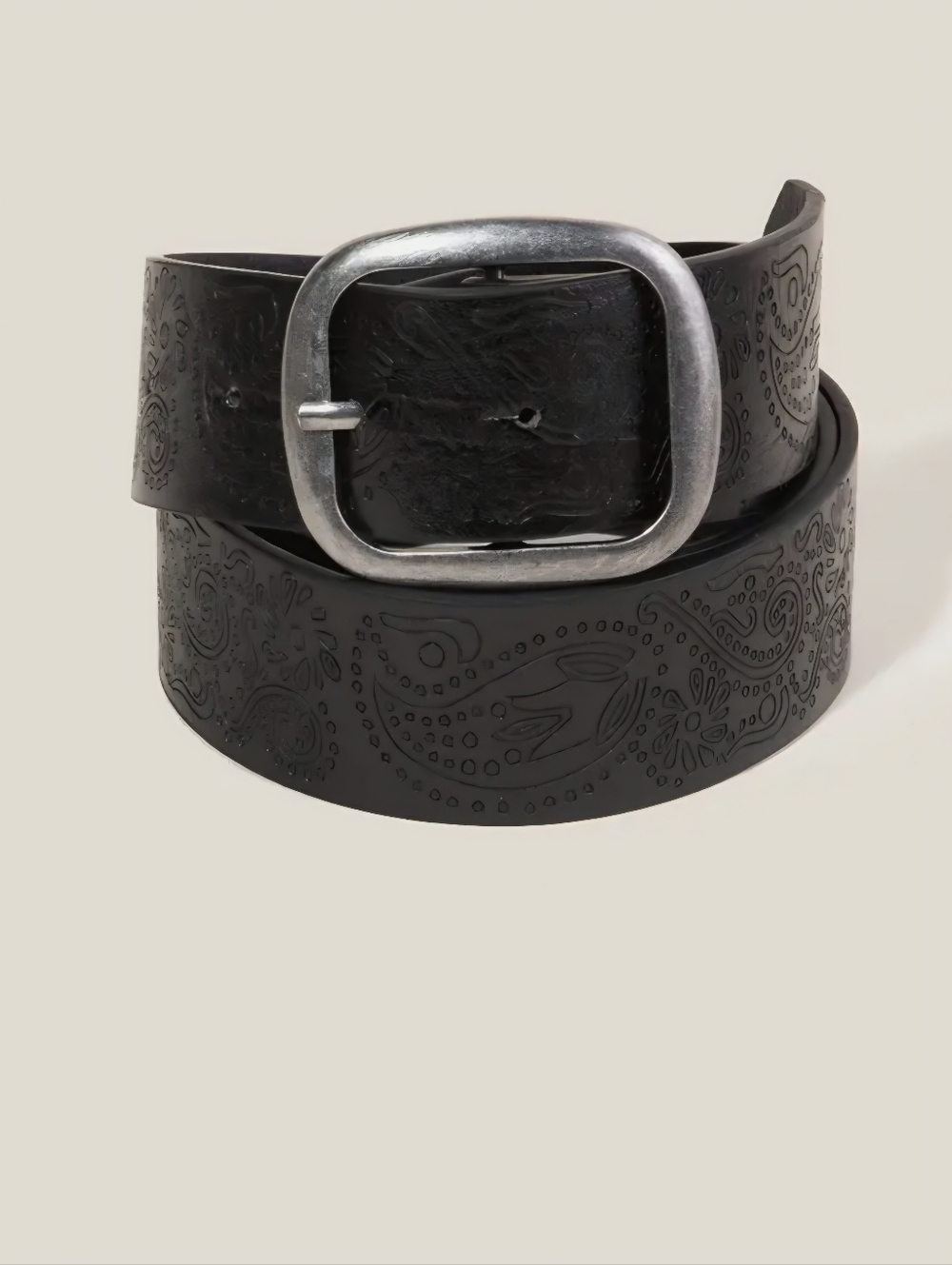 Black Embossed Faux Leather Belt with Silver Buckle